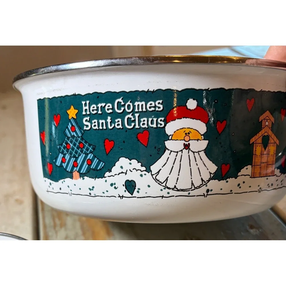 Vintage Christmas Enamelware Nesting Bowls Sets of 3 Santa Bear Holiday Kitchen